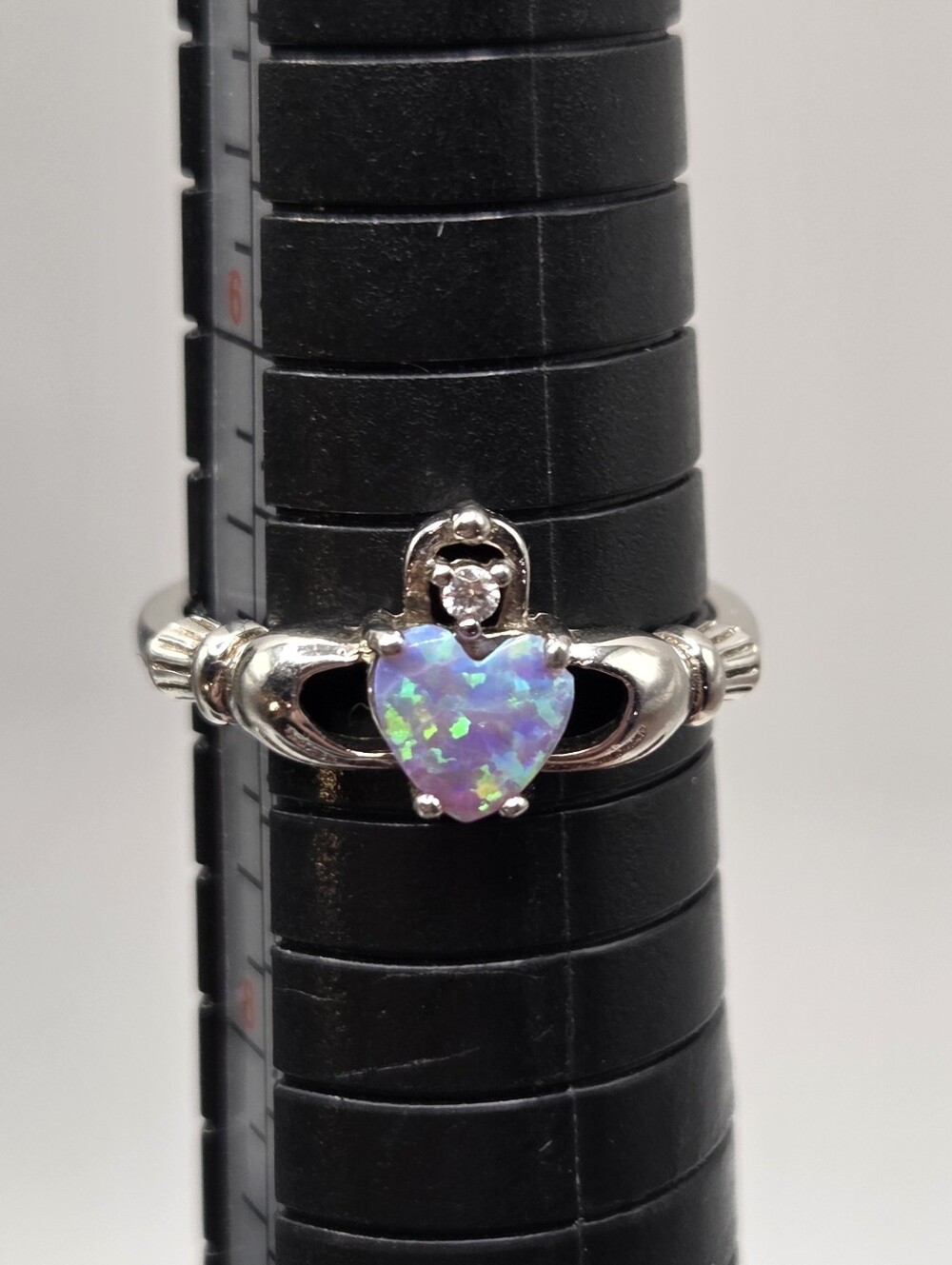 1703. 925 Silver Heart Claddagh Ring with Purple Opal Accent